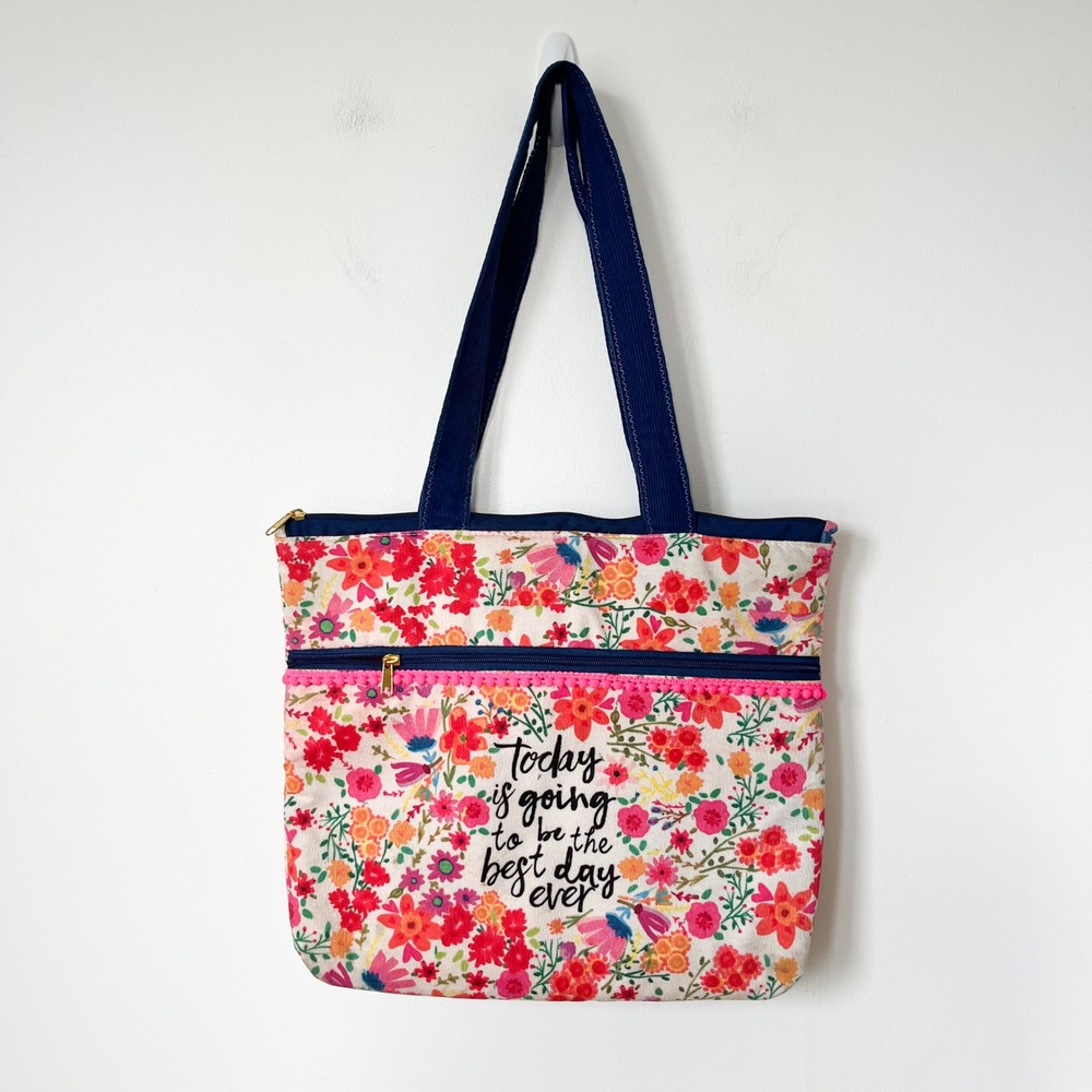 Natural Life Bright Colorful Floral Best Day Ever Tote Bag Zippered Pockets Boho